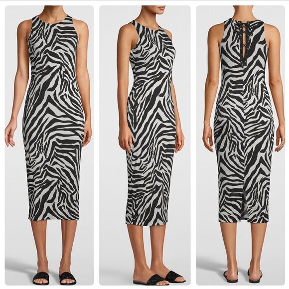 White House Black Market Zebra-Print Jersey Knit Lace-Up Back Dress SMALL - Picture 1 of 16
